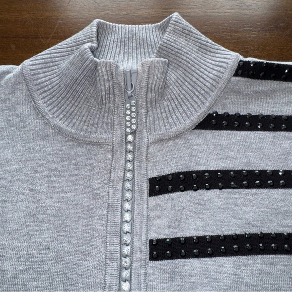 Belldini Black and Gray Stripe Zip Up Mock Neck Knit Sweater Petite Small PS - Picture 6 of 12
